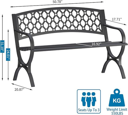 On Shine 50'' Patio Garden Bench, Loveseats Patio Park Bench,Black Steel Cast Iron Frame Bench,Metal Bench Outdoor for Porch Yard Lawn Deck (Grid)