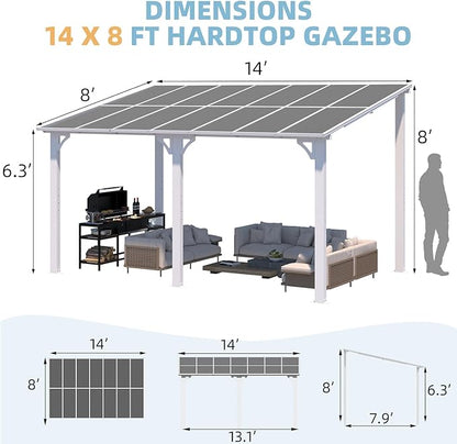 AECOJOY 14' x 8' White Gazebo Outdoor Pergola for Patio, Hard Top Lean to 8x14 Gazebo Shelter Pergolas and Gazebos Clearance with Patio Roof, Large Wall-Mounted Heavy Duty Awnings for Backyard