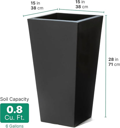 Step2 Tremont Tall Square Tapered Planter, 28", Indoor/Outdoor Plants, Efficient Drainage, Durable Resin, Onyx Black