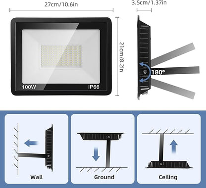 100W Flood Lights Outdoor,12000LM Bright LED Work Light,IP66 Waterproof Outdoor with Switch and 6.5FT Plug,6500K Daylight White Outside Lights for Yard，Garage,Garden,Stadium(2 Pack)