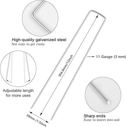 FEED GARDEN 12 Inch 50 Pack Galvanized Landscape Staples 11 Gauge Anti-Rust Garden Stakes Landscaping Fabric SOD Pins Yard Stakes for Weed Barrier Fabric