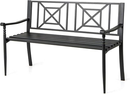Giantex Metal Outdoor Bench with Backrest, Curved Armrests, Non-Slip Foot Pads, Slatted Seat for 2-3 Persons, Load 660lbs, Loveseat, Patio Bench for Garden, Yard, Poolside, Lawn, Porch, Park, Black