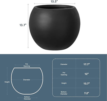 Large Round Planter with Drainage Hole, 13.7''H × 17.7''D Sphere Planter Indoor Plant Flower Pot for Outdoor Garden Patio Home, Black