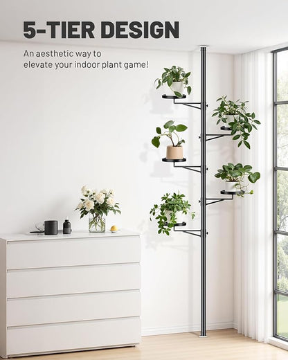 Tension Rod Plant Stand, 5 Tier Tension Pole Plant Stand with 5 Metal Trays, Plant Poles for Hanging Plants Indoor, Floor to Ceiling Plant Pole Hanging Plant Stand