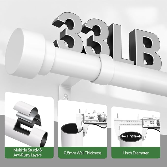 Curtain Rods for Windows 72 to 144, 1 Inch Adjustable White Extra Long Heavy Duty Curtain Rod for Patio Bedroom, Modern Style Indoor Outdoor Window Drapery Rods with End Caps, Size 32" - 150"