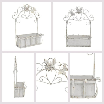 Rustic Metal Wall Planter Vintage Wall Mounted Flower Pot Farmhouse Distressed Wall Hanging Plant Basket with Floral & Butterfly Decor for Indoor Outdoor Garden Home Yard (White#2)