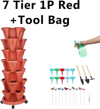 GameXcel Vertical Planter, 7 Tier Stackable Strawberry Planter with Garden Tool Set, Movable Indoor/Outdoor Garden Herb Pot for Growing Vegetables and Succulents, Red