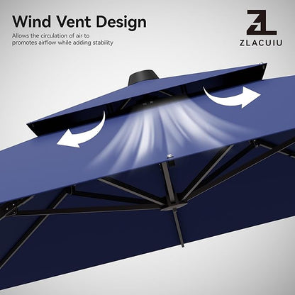 9x12FT Navy Blue Cantilever Outdoor Patio Umbrella with Base, Large Rectangular Offset Design, Double Top Heavy Duty Aluminum Frame & 360° Rotation for Pool Garden Deck Backyard