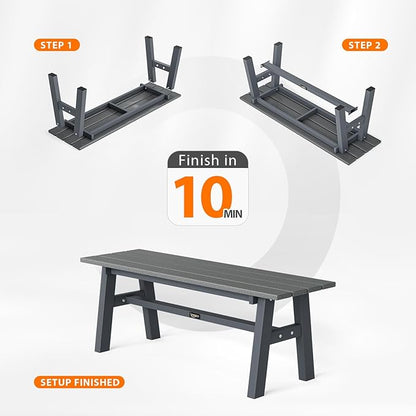 VINGLI 47” Outdoor Bench Garden Bench HDPE Porch Bench w/Metal Legs, Poly Lumber Patio Bench, 660 LBS Capacity Outdoor Backless Bench(Grey)