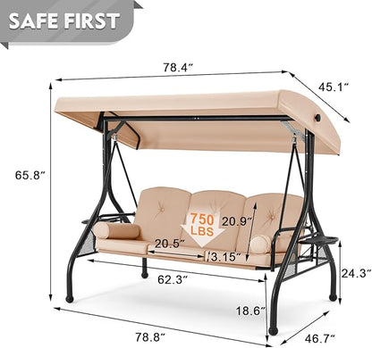 HOMREST 3 Seat Outdoor Porch Swing with Adjustable Canopy, Convertible Patio Swing Bed with Stand, Patio Glider Swing with Upgraded Cup Holder, Thicken Cushions ＆ Pillow for Backyard(Khaki)