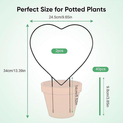 2 Pcs Heart Shaped Plant Trellis Indoor with 100 Plant Twist Tie Pothos Plants Climber Support Heart-Shaped Trellis Iron Heart Trelli Black Durable Houseplant Hearts Trelli for Potted Vines and Flower
