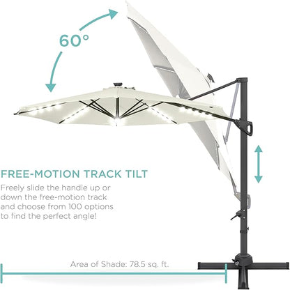 Best Choice Products 10ft Solar LED Cantilever Patio Umbrella, 360-Degree Rotation Hanging Offset Market Outdoor Sun Shade for Backyard, Deck, Poolside w/Lights, Easy Tilt, Cross Base