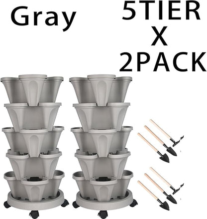 GameXcel Vertical Planter 7 Tier Stackable Planters Garden Planters Strawberry Herb Flower and Vegetable Planter Indoor Outdoor Gardening Pots with Removable Wheels and Tools 2-Pack