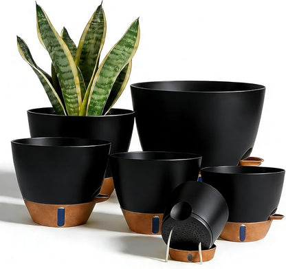 7/6.5/6/5.5/5 Inch Self Watering Pots, Plastic Flower Pots with Multi Mesh Drainage Holes and Deep Reservoir for Indoor Outdoor Garden Plants and Flowers (Black, 5/5.5/6/6.5/7/8)
