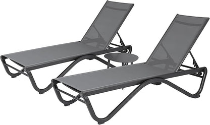 Kozyard Outdoor Chaise Lounge Chair, Full Aluminum Frame, Adjustable Reclining Patio Lounger for Poolside, Sunbathing & Backyard, Textilene (Gray, 2Chairs + Table)