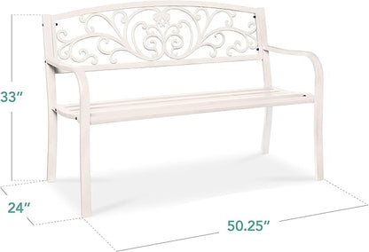 Best Choice Products Outdoor Bench Steel Garden Patio Porch Furniture for Lawn, Park, Deck w/Floral Design Backrest, Slatted Seat - White