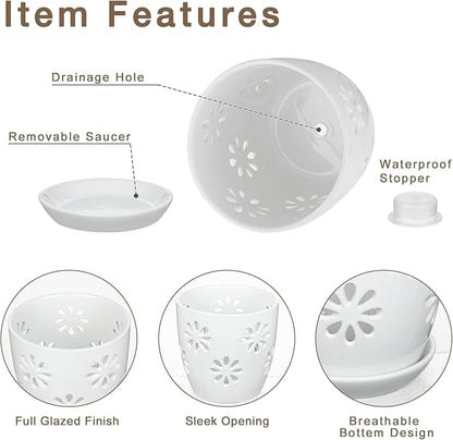 Oairse 6 inch Orchid Pots with Holes, White Ceramic Orchid Pot for Repotting Small Indoor Plant Pots with Drainage Holes and Saucers Decorative Flower Planter for Orchids, Indoor Plant