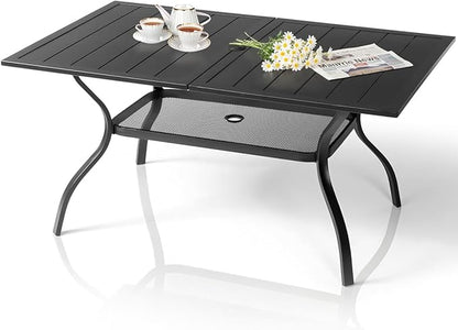Outvita Outdoor Patio Table for 6 Person, Black Rectangular Metal Frame Patio Classic Dining Table with 1.65" Adjustable Umbrella Hole for Garden Lawn Backyard Deck, 60" L x 35" W x 29" H