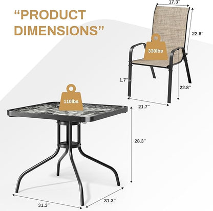 Arlopu 5 Piece Outdoor Patio Dining Set (Umbrella not Included), Porch Furniture with 4 Textline Chairs, 1 Square Glass Table for Garden, Backyard and Poolside, Lawn (Browm)