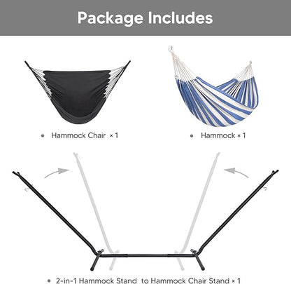 SUNCREAT 2-in-1 Convertible Free Standing Hammock with Stand Included, Camping Backyard Hammock with Stand, Patented, Blue & White Stripe