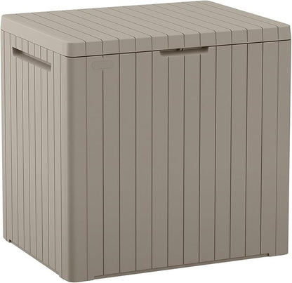 Keter City 30 Gallon Resin Outdoor Storage Box & Patio Side Table for Balcony, Pool, Deck & Garden Accessories, Weather‑Resistant, Beige