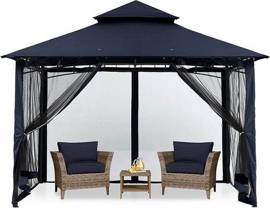 MASTERCANOPY Outdoor Garden Gazebo for Patios with Stable Steel Frame and Netting Walls (9x9,Navy Blue)