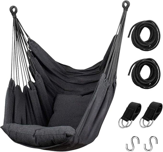 Hommtina Hammock Chair Hanging Rope Swing, Max 300 Lbs Hanging Chair with Pocket & Durability Perfect for Outdoor, Home, Bedroom, Patio, Yard (Pillows NOT Included,Dark Gray)
