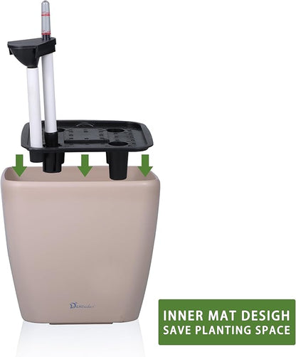 Dexceder 9x8 Self Watering Planter Indoor Outdoor, Inner Mat Design, Thickened Table Flower Plant Pot with Water Level Indicator (Taupe Matte)