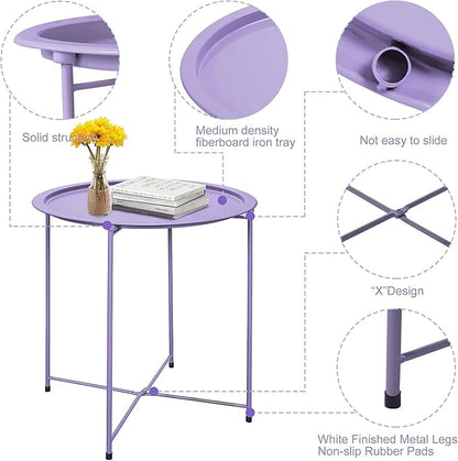 Garden 4 you End Table 2 PCS Metal Side Table Purple Round Folding Tray Cyan Sofa Small Accent Fold-able Table, Round End Table Tray, Next to Sofa Table, Snack Table for Living Room and Bed Room