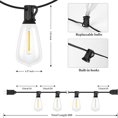 Brightever LED Outdoor String Lights 60FT with 32 Shatterproof ST38 Vintage Edison Bulbs, Outside Hanging Lights Waterproof for Patio, Porch, Deck, Garden, Backyard, Balcony, 2700K Dimmable