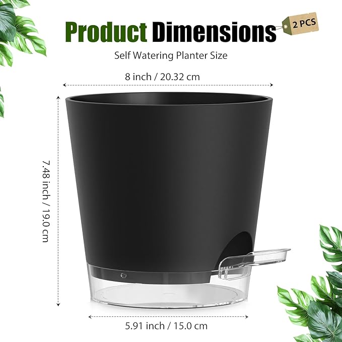 Plant Pots 8 Inch Self Watering Pots, 2 Pack Plastic Planters with Drainage Holes and Clear Saucers,Plastic Flower Pots for Indoor Out Door Plants (Black)