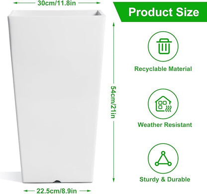 Hushee Set of 4 Tall Outdoor Planters 21 Inch Tall Tapered Square Planter with Drainage Hole Large Flower Tree Plant Pot Resin Flower Pots for Front Porch Door Garden Patio Indoor