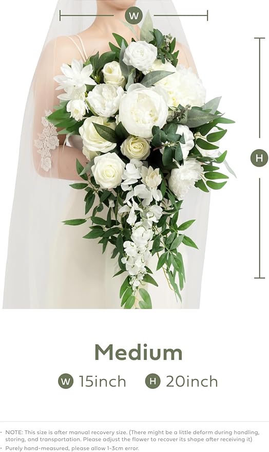 Artificial Bridal Bouquet, Ivory Cascading Silk Flowers with Pearls, 15 in