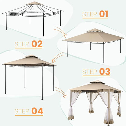 COBIZI Gazebo 10x10 Heavy Duty Gazebos with Improved Nettings Outdoor Gazebo Double Roof Patio Gazebos with Metal Steel Frame Outdoor Canopy for Patio, Deck, Backyard (Khaki)