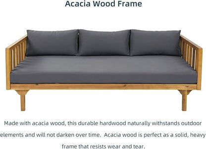 Merax Solid Acacia Wood Couch Chaise Lounge Chair Indoor, 3 Seater Daybed Sofa Couches with Cushions & Pillow, Heavy Frame Day Bed for Living Room, Office, Outdoor, Balcony, Patio, Water Resistant