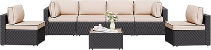 Shintenchi 7 Pieces Outdoor Patio Sectional Sofa Couch, Wicker Furniture Conversation Sets with Washable Cushions & Glass Coffee Table for Garden, Poolside, Backyard (Khaki)