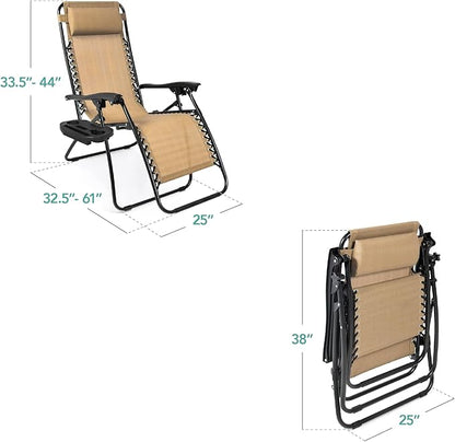 Best Choice Products Set of 2 Adjustable Steel Mesh Zero Gravity Lounge Chair Recliners w/Pillows and Cup Holder Trays - Beige