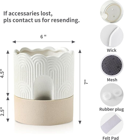 Nihow Self Watering Plant Pot: 6 Inch Ceramic Planter with Drainage Hole & Water Storage Plus - Relief Design Self Watering Pot for Indoor Plants - Beige & Nature Flower Pot