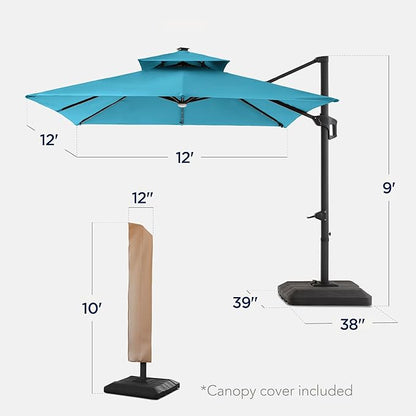 Best Choice Products 12x12ft LED Cantilever Patio Umbrella w/Base Included & 360° Rotation, Large Solar Offset Hanging Outdoor Sun Shade for Deck, Backyard Table w/Stand & Lights – Sky Blue