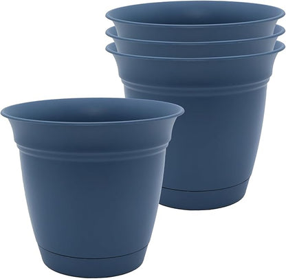 The HC Companies 8 Inch Eclipse Round Planter Pots with Drainage Holes & Attached Saucer, Lightweight UV-Resistant Plastic Indoor & Outdoor Planters, 4-Pack Flower Pots, Garden Home Decor, Slate Blue
