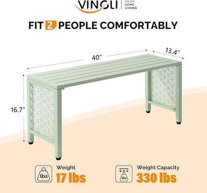 VINGLI 40in Outdoor Metal Bench, All-Weathe Backless Patio Bench with Slatted Seat＆Floral Side Panels, Rust-Resistant Garden Bench, Weatherproof Outdoor Seating for Porch Entryway Backyard (Green)