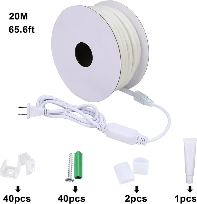 AC 110V COB LED Strip Lights Outdoor Waterproof 65.6ft, 6000K Cool White Super Bright 200W CRI 90+ LED Rope Light, IP65 Flexible Cuttable, for Bedroom Garden Commercial House