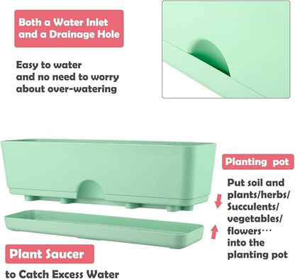 6 Pack Rectangle Planter 16x4.4 Inch Window Boxes Planters Rectangular Large Window Sill Planters Indoor Self Watering Plant Pots with Drainage Holes and Saucers Succulent Herb Flower Pots, Green