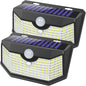 HMCITY 120 LED Outdoor Solar Lights with Motion Sensor and 3 Lighting Modes, IP65 Waterproof Wide Solar Wall Lights Ideal for Garden Patio Yard (Front Button 2Packs, Black Shell-Daylight White)