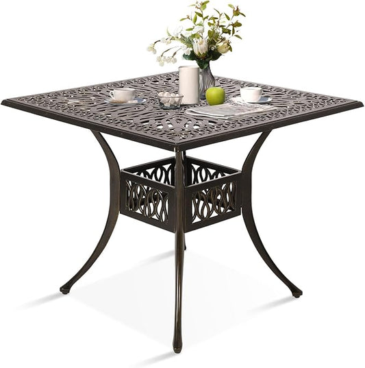 Patio Dining Table,Cast Aluminum Patio Table with Umbrella Hole, Outdoor Bistro Table for Backyard, Garden, Patio (35" Rectangle Dining Table)