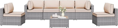 Shintenchi 7 Pieces Outdoor Patio Sectional Sofa Couch, Silver Gray PE Wicker Furniture Conversation Sets with Washable Cushions & Glass Coffee Table for Garden, Poolside, Backyard (Khaki)