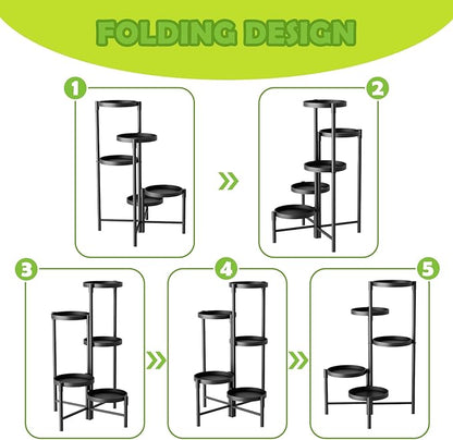 5 Tier Heavy Duty Metal Plant Stand for Indoor & Outdoor Use, Foldable Tall Corner Plant Shelf, Black Flower Pot Holder & Display Rack for Living Room, Balcony, Garden, & Patio