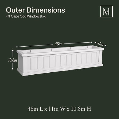 Mayne Cape Cod 4ft Window Box - White - 48in L x 11in W x 10.8in H - Polyethylene - Built-in Water Reservoir (4841-W)