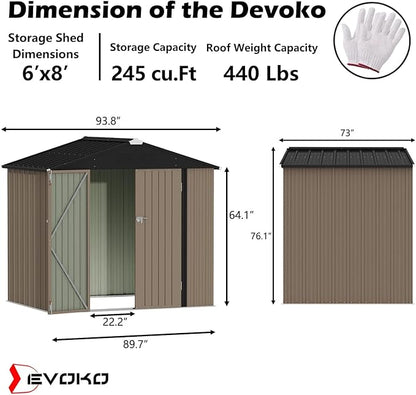 Devoko Outdoor Storage Shed 8 x 6 FT Lockable Metal Garden Shed Steel Anti-Corrosion Storage House with Single Lockable Door for Backyard Outdoor Patio (Brown)