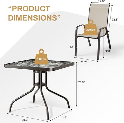 Arlopu 5 Piece Outdoor Patio Dining Set (Umbrella not Included), Porch Furniture with 4 Textline Chairs, 1 Square Glass Table for Garden, Backyard and Poolside, Lawn (Beige)
